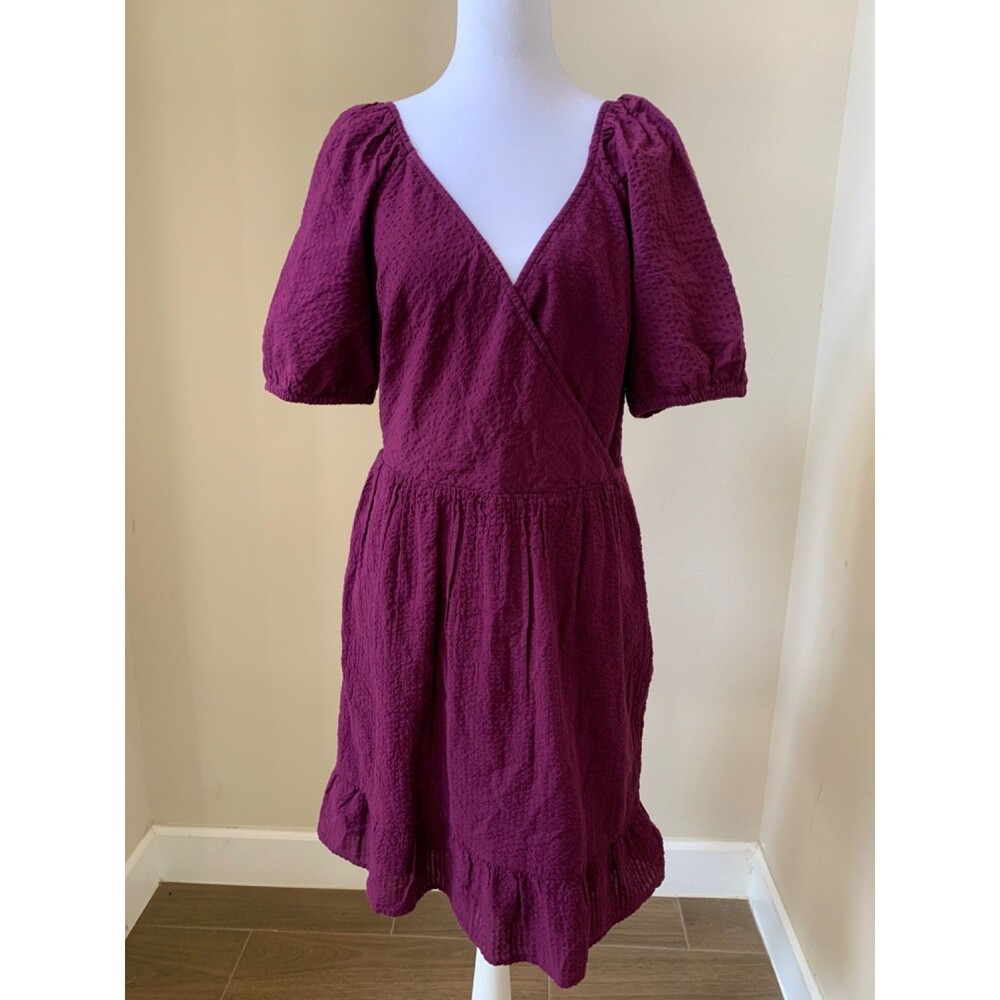 LOFT Purple Crinkle Flounce Puff Sleeve Dress Size 8 Cotton